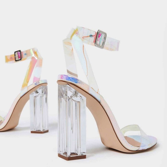 NEW🔥 Iridescent Ankle Strap Lucite Heel Sandals - Picture 3 of 5